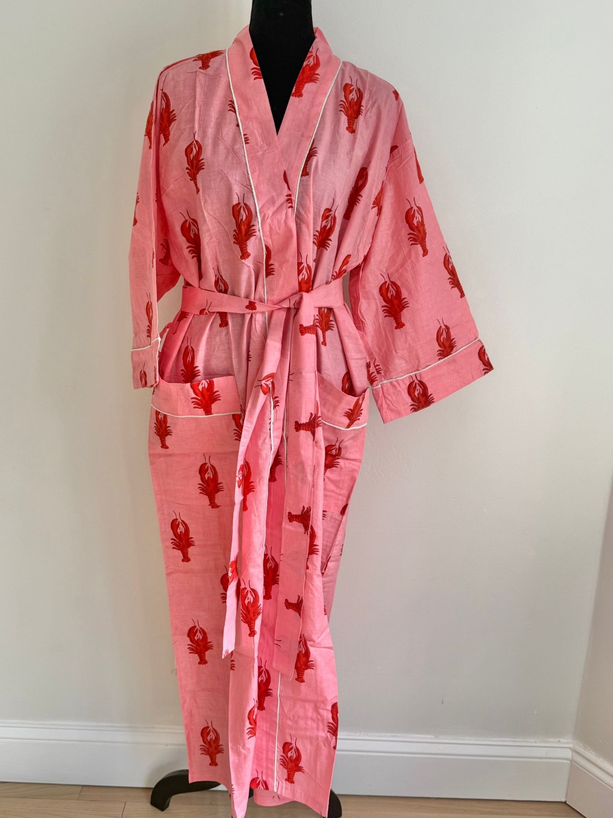 Hand Block Printed Lobster Robe for Women | Pink Cotton Kimono Bathrobe