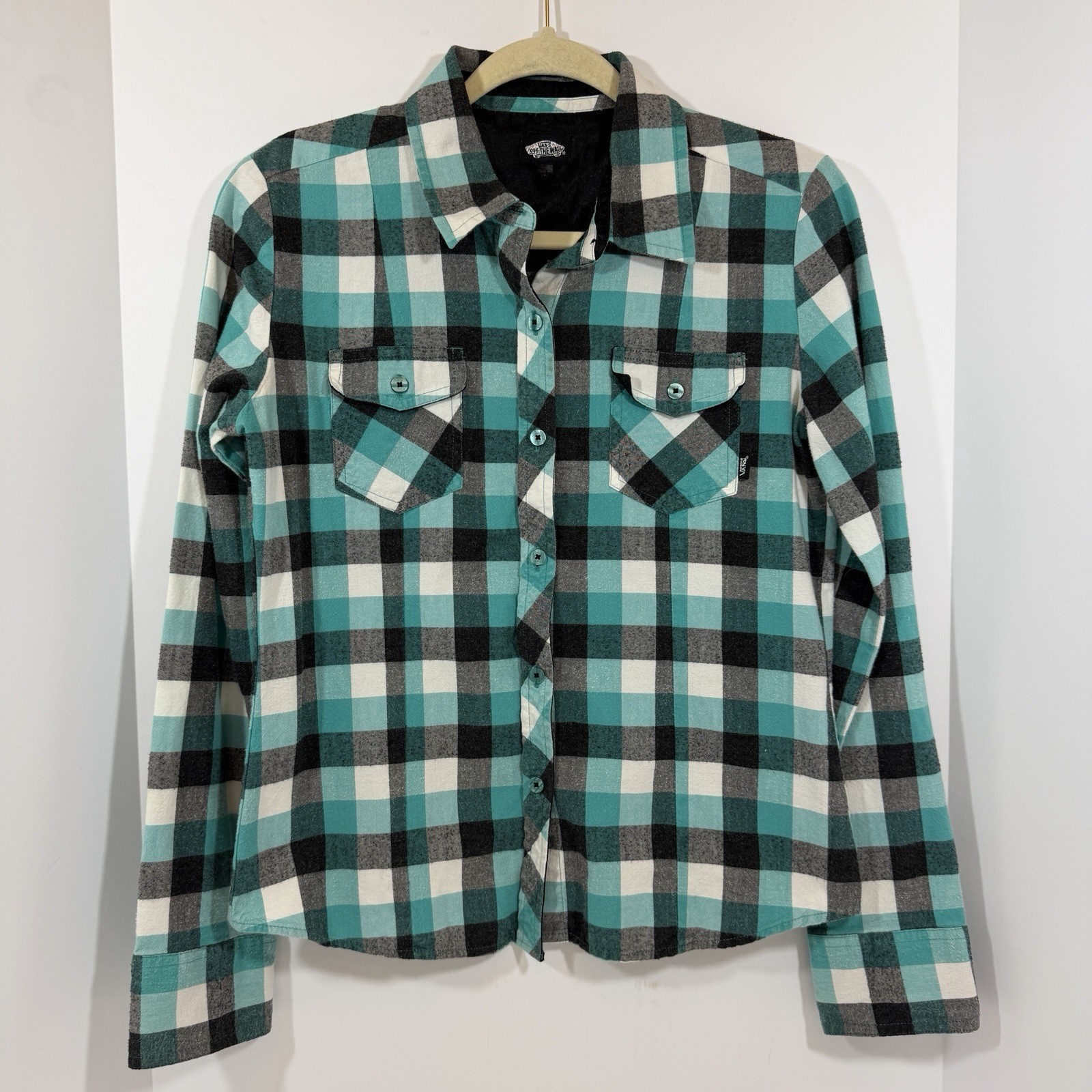 VANS Off The Wall Woman’s Plaid Button-Up Shirt M Blue/Black Long Sleeve Pockets