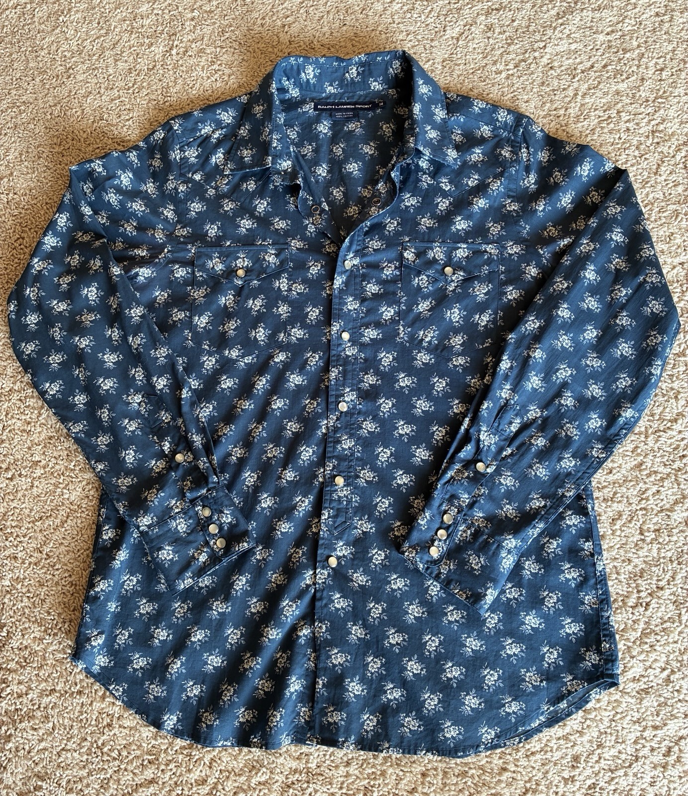 Ralph Lauren Sport Shirt Women Size 14 Blue Floral Pearl Snap Western Yoke VTG