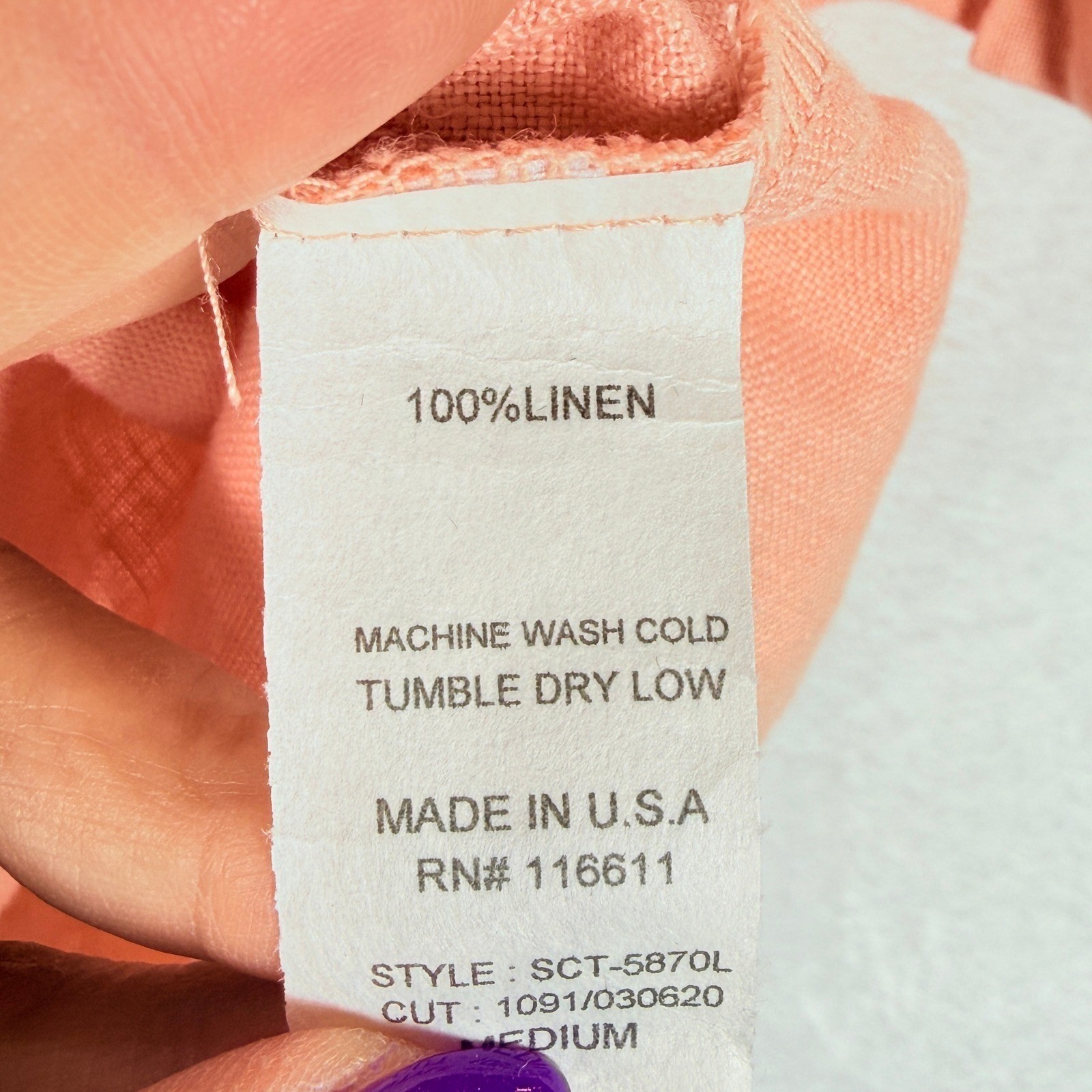 Self Contrast Peach 100% Linen Tie Front Short Sleeve Button Down Shirt Medium