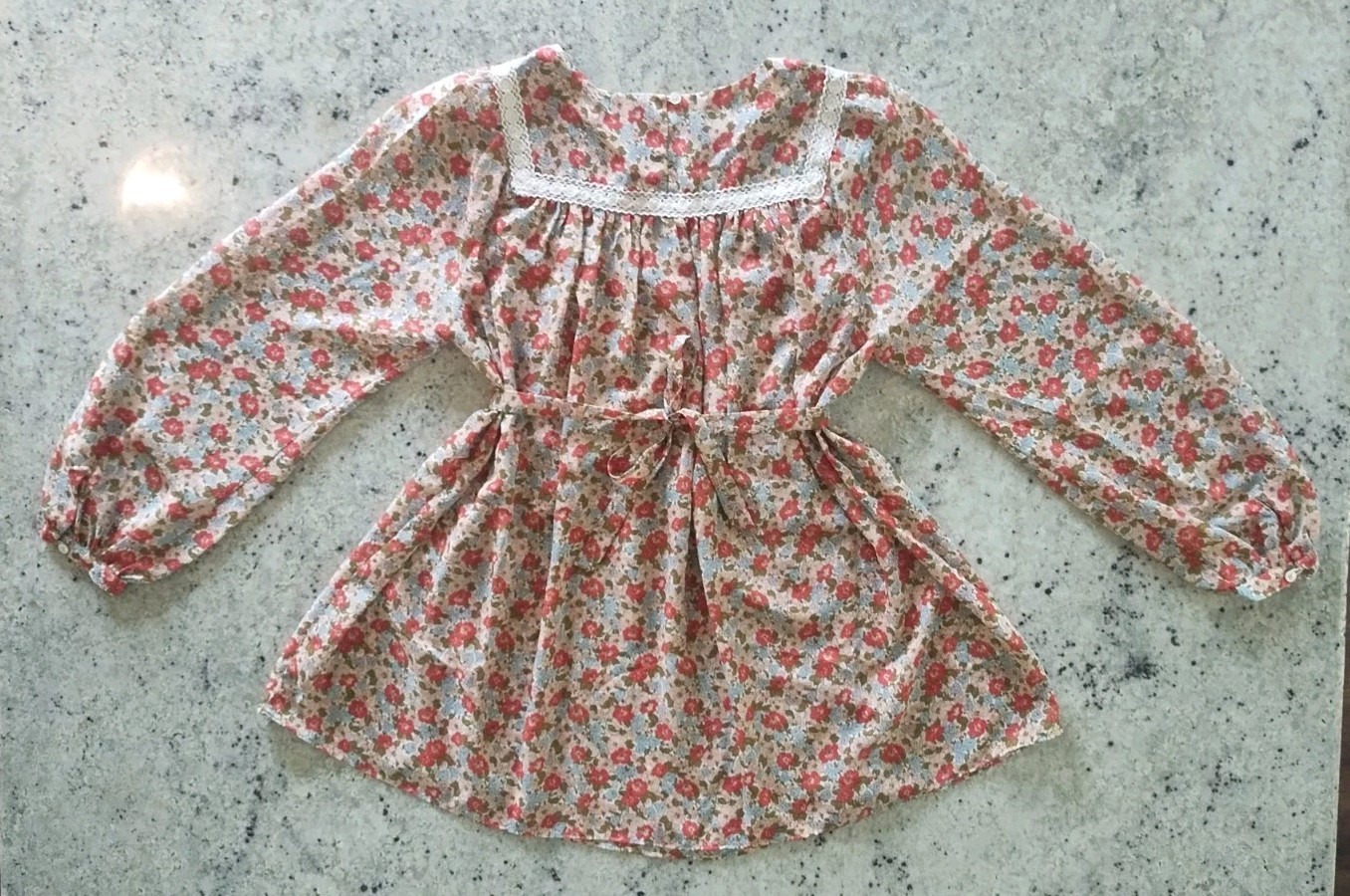 LAURA ASHLEY Archive Floral Chiffon Lace Trim Long Sleeve Tie Tunic Blouse US 8