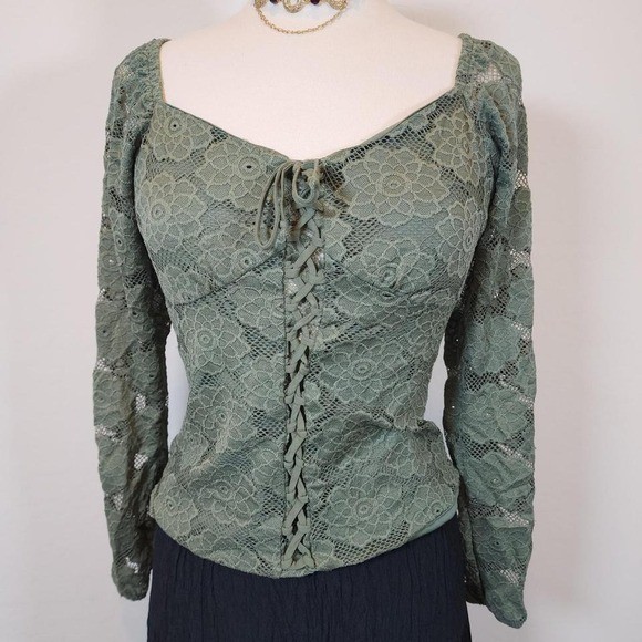 Lace Up Long Sleeve Blouse Floral Green Top Cottagecore Renaissance M