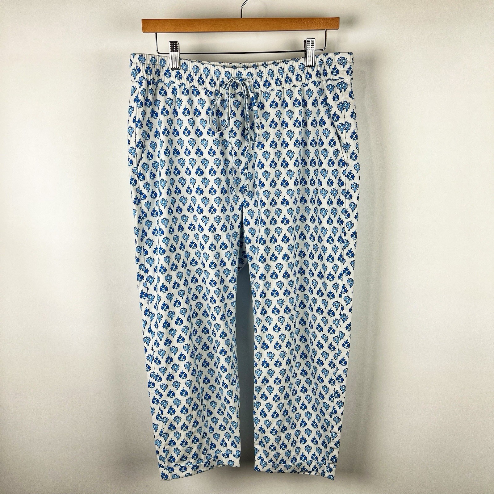 J. Crew Floral Print Linen Blend Pull On Ankle Pants Blue White 2022 Size 12P