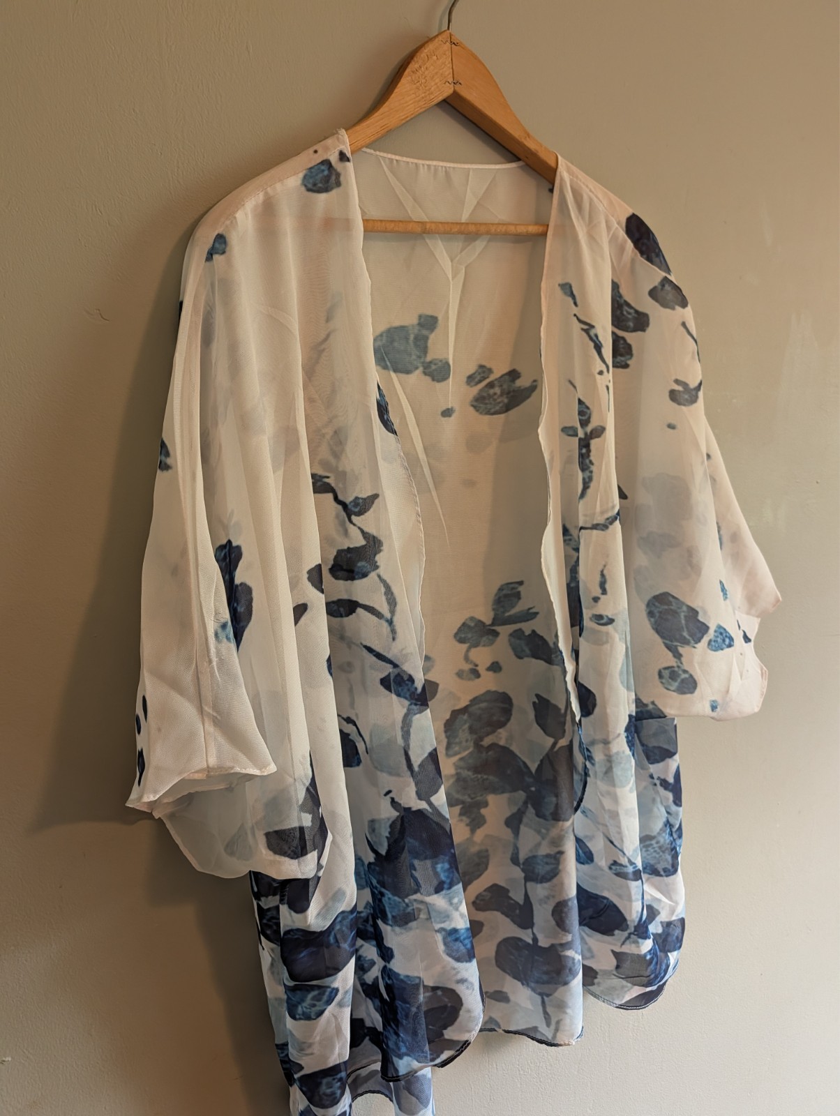 Sheer Kimono Open Front Cardigan L Blue Lightweight Abstract Artistic Watercolor