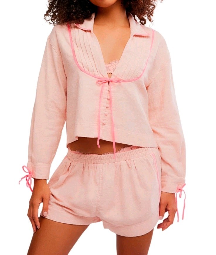 Free People Close to Home Cozy Flannel Shorts Pajama Set Neon Pink/ Coral Peach