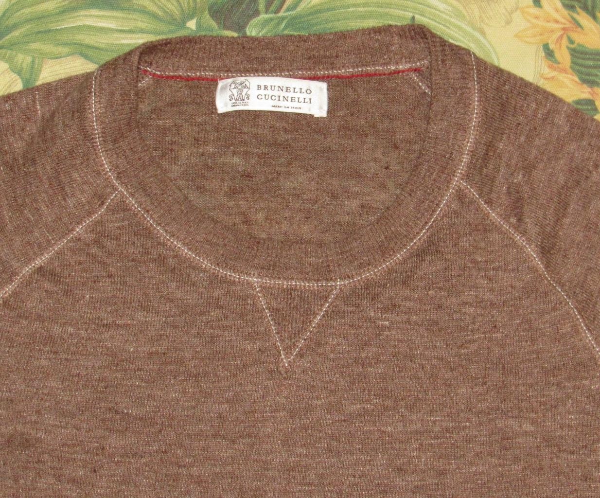 BRUNELLO CUCINELLI Brown Linen Cotton Blend Crewneck Sweater 50 G2U