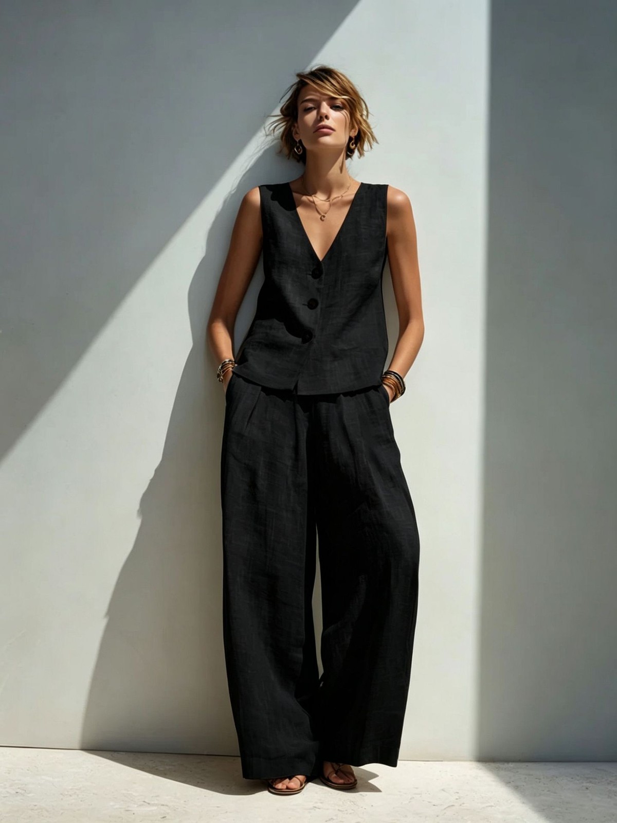 Linen V-neck Buttoned Vest And High-waisted Wide-leg Pants Set