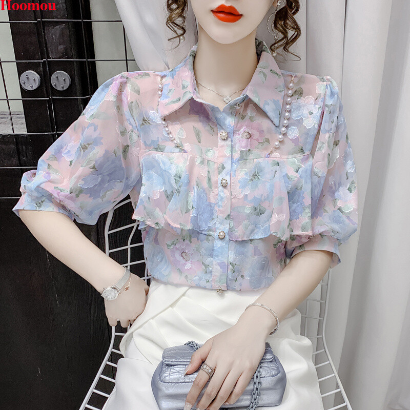 Korean Women Floral Chiffon Beaded Ruffle Summer Boho Tunic Shirts Tops Blouse