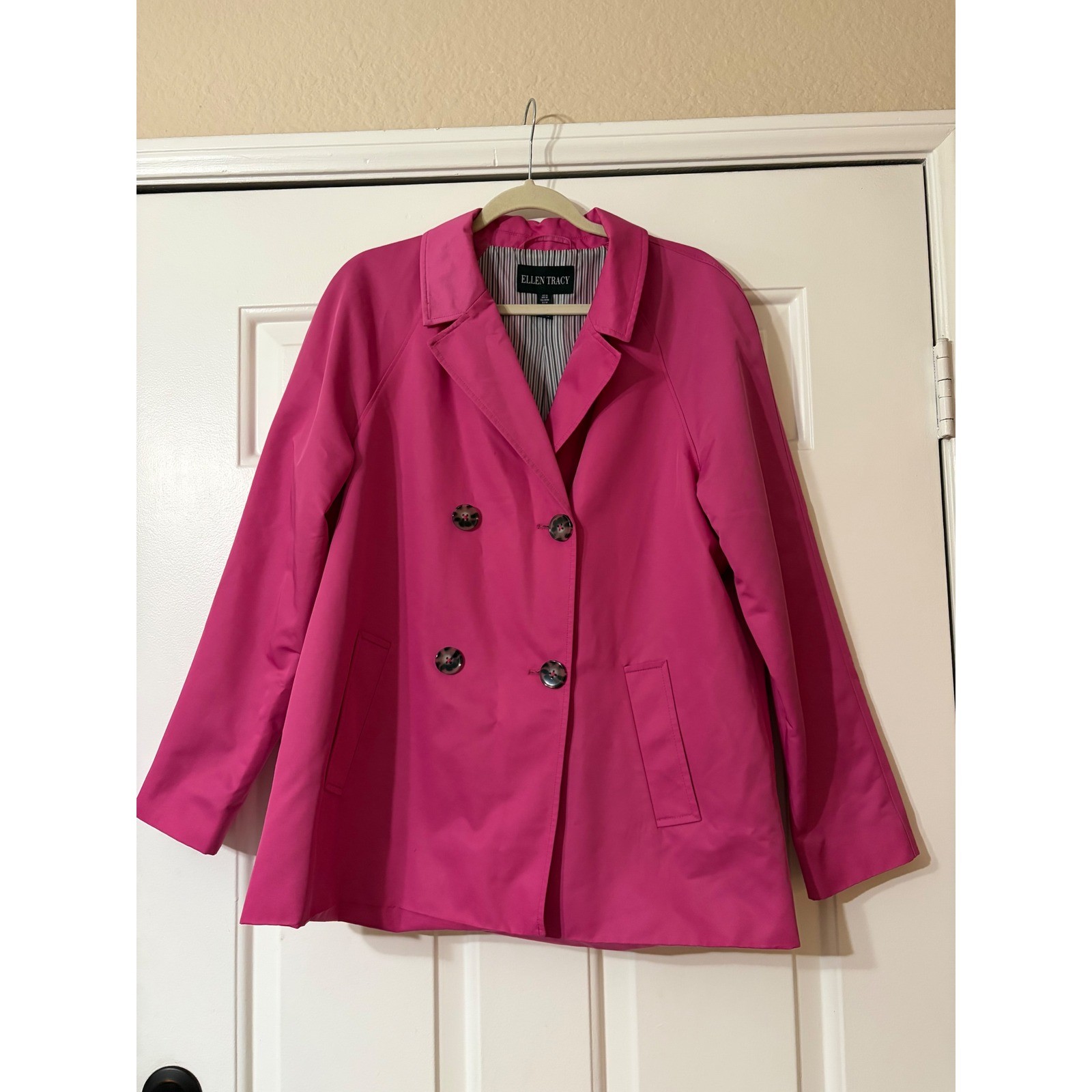 Ellen Tracy Womens Hot Pink Double Breasted Coat Jacket Size M Pinstripe