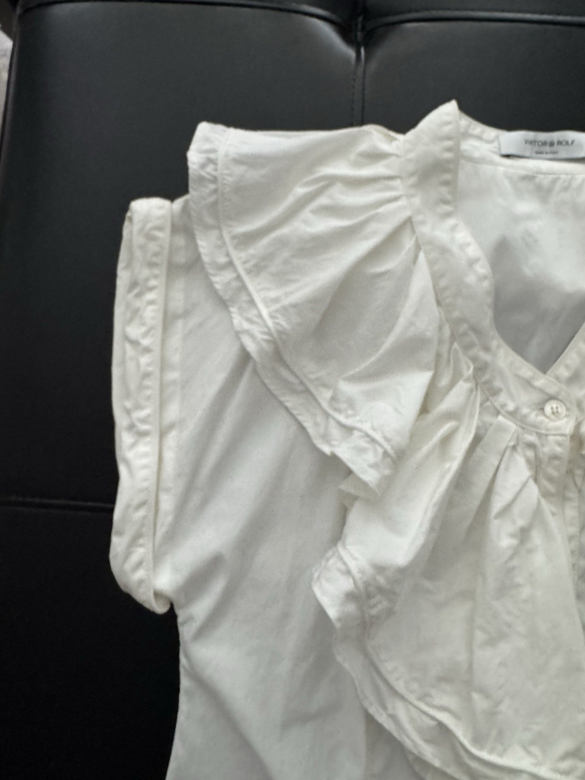 VIKTOR&ROLF White Ruffle V-Neck Button Short Sleeve Blouse Women 42