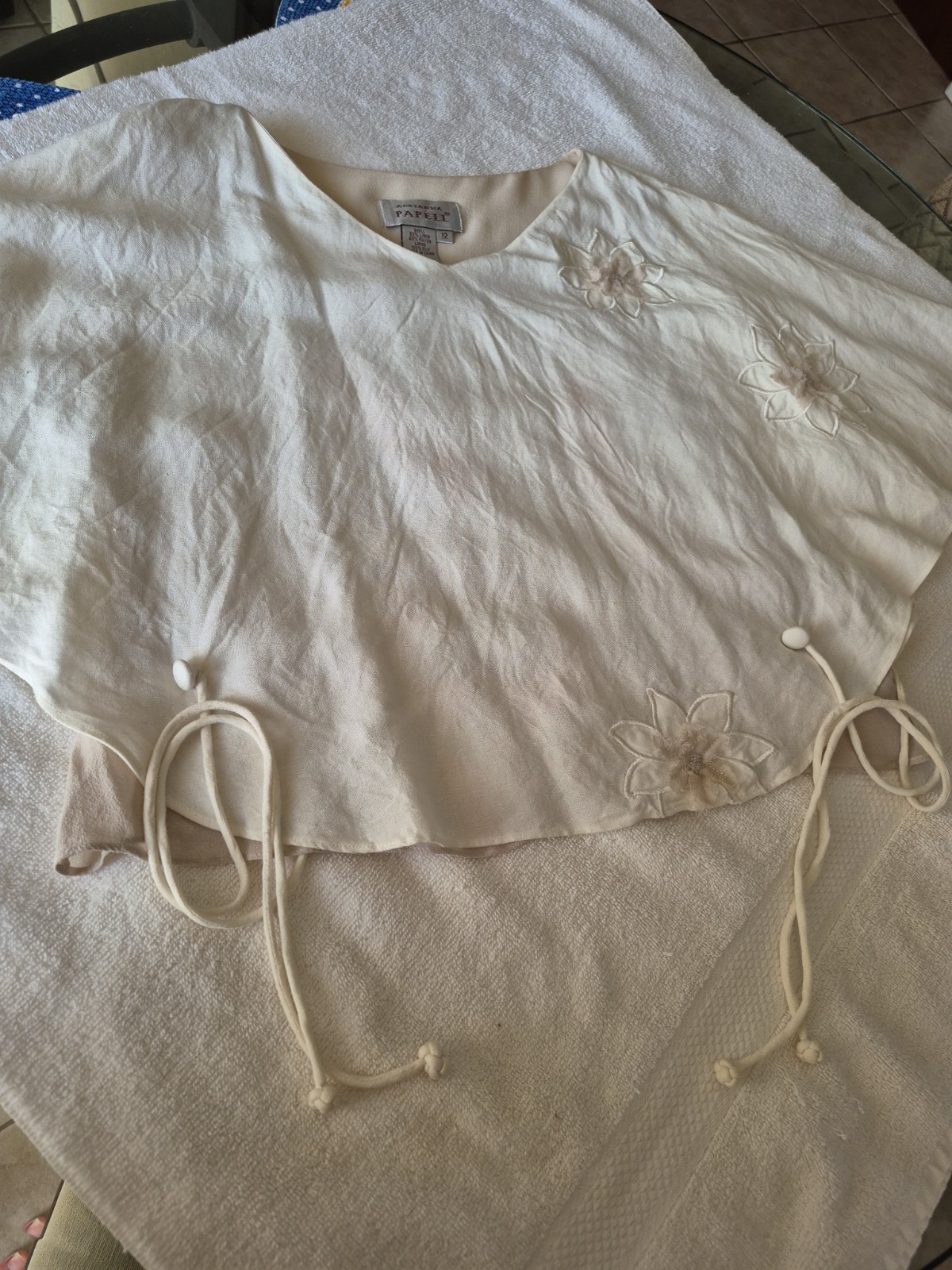 Vintage Adrianna Papell Silk and Linen Loose Blouse With Embroidered Flowers