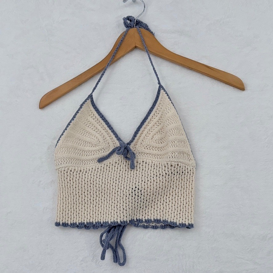 Romwe Womens Small Crochet Halter Crop Top Cream Blue Boho Knit Lace Up Back