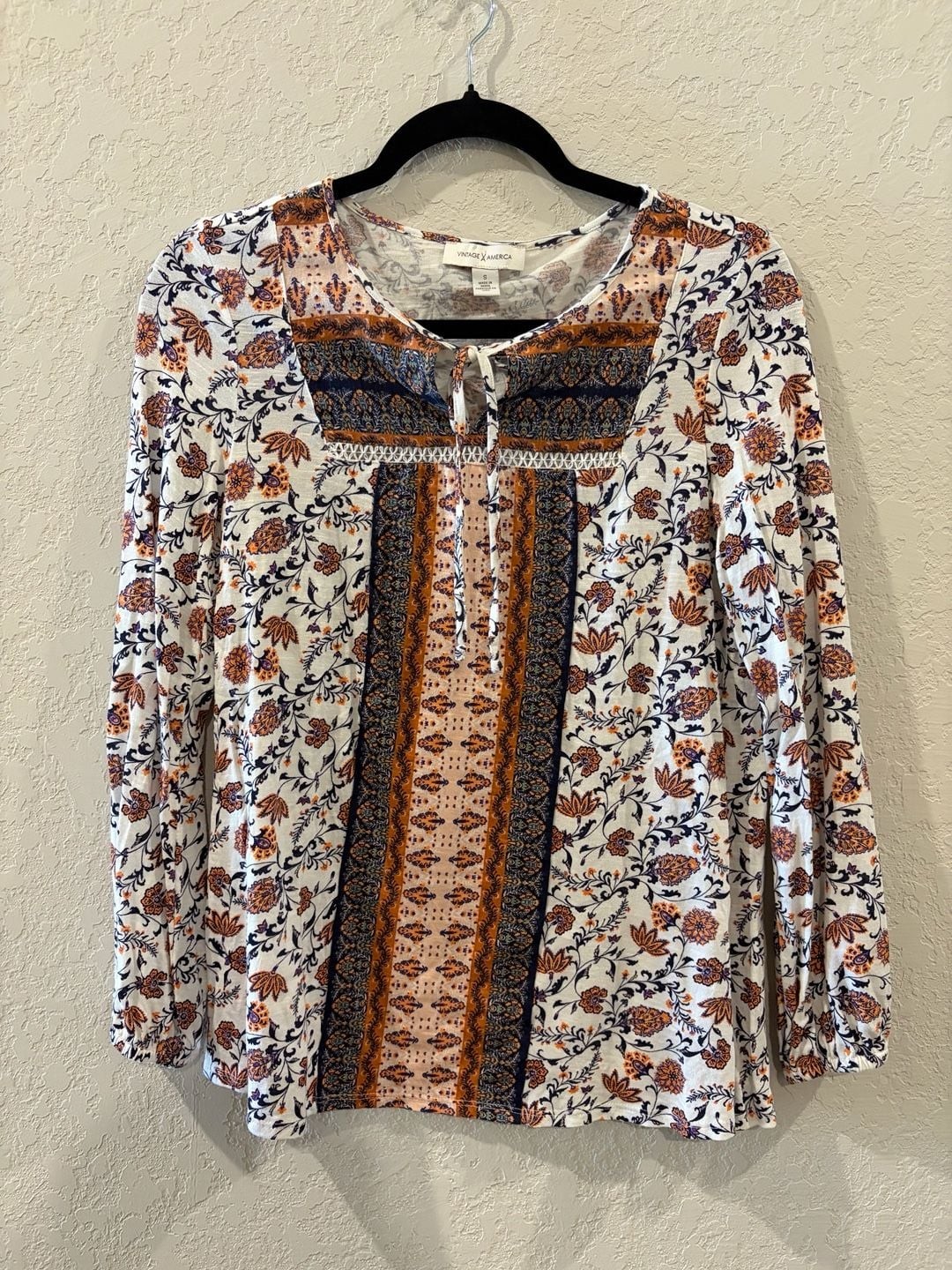 Vintage America Women’s Floral Print Long Sleeve Boho Peasant Top Size Small