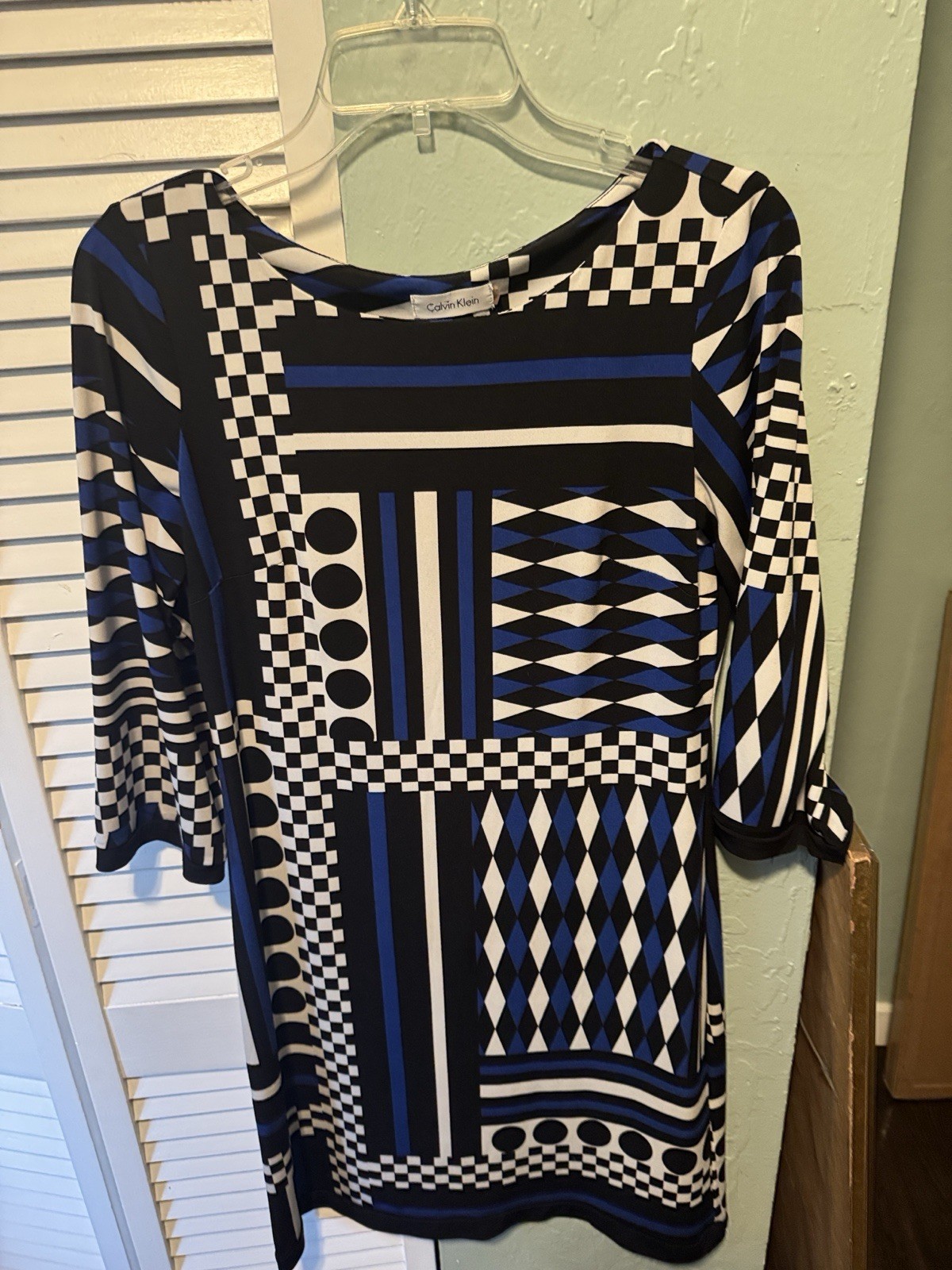 Calvin Klein Geometric Knit Tunic Dress Black Blue White 3/4 Sleeve S