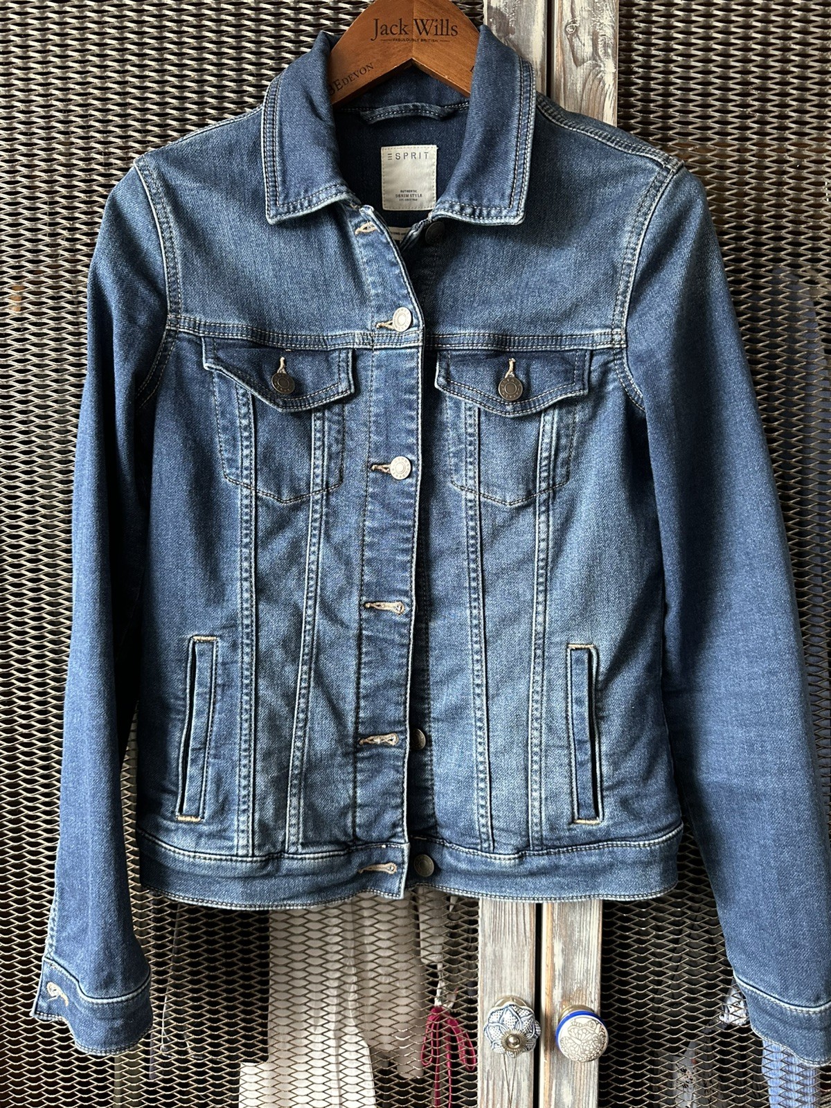 Ladies ESPRIT Dark Blue Denim Style Stretch Collar Button Jacket UK 8