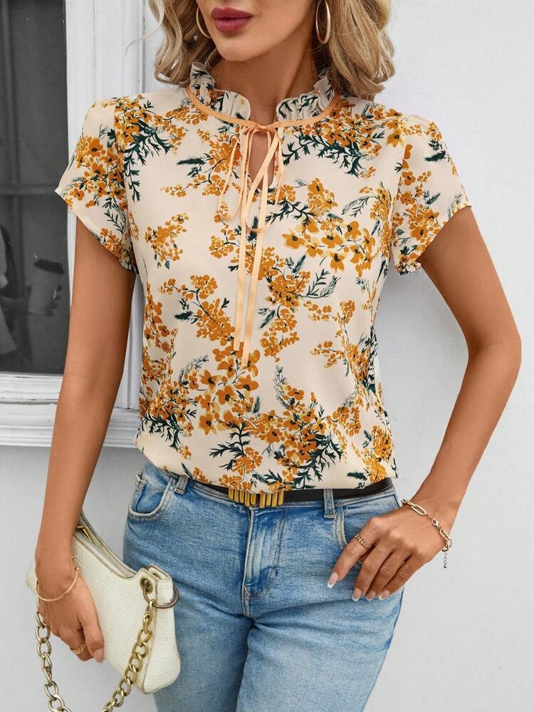 SHEIN Clasi Fresh Floral Pleated Tie Front-Shirt | Women’e Size L