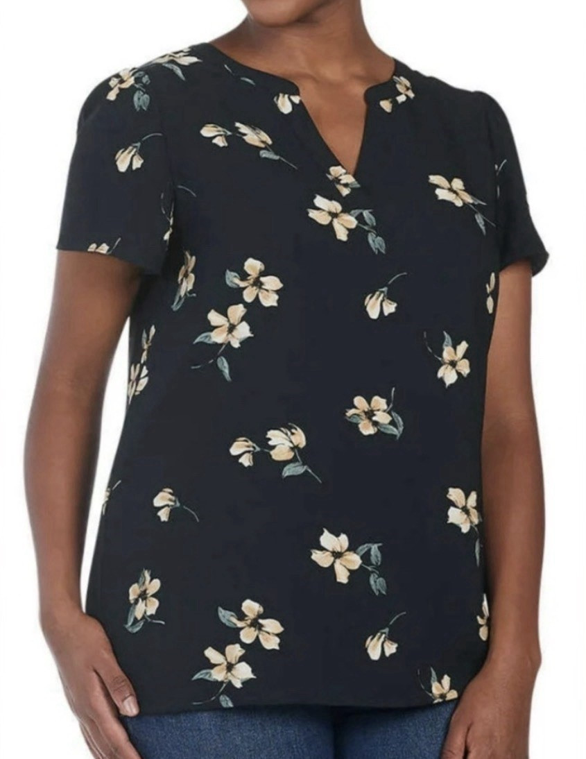 Hilary Radley Women’s M Regular Navy/Beige Floral Chiffon V-Neck Blouse Pullover
