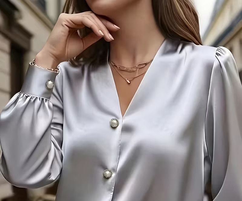 New Classy Elegant Silky Silver Satin Long Sleeve Blouse Plus 4X NEW