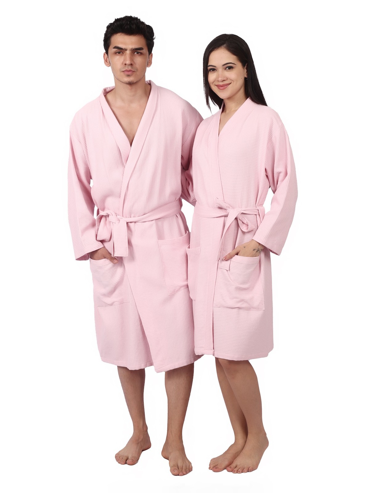 Feather Drape Unisex Waffle Bathrobe Cotton Hotel Spa Robe Medium Pink