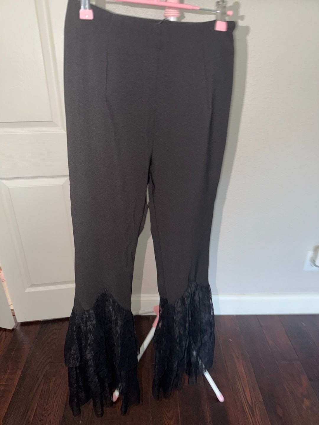 Akira Black High-Waisted Lace-Trimmed Flare Pants with Grommet Lace-Up Detail
