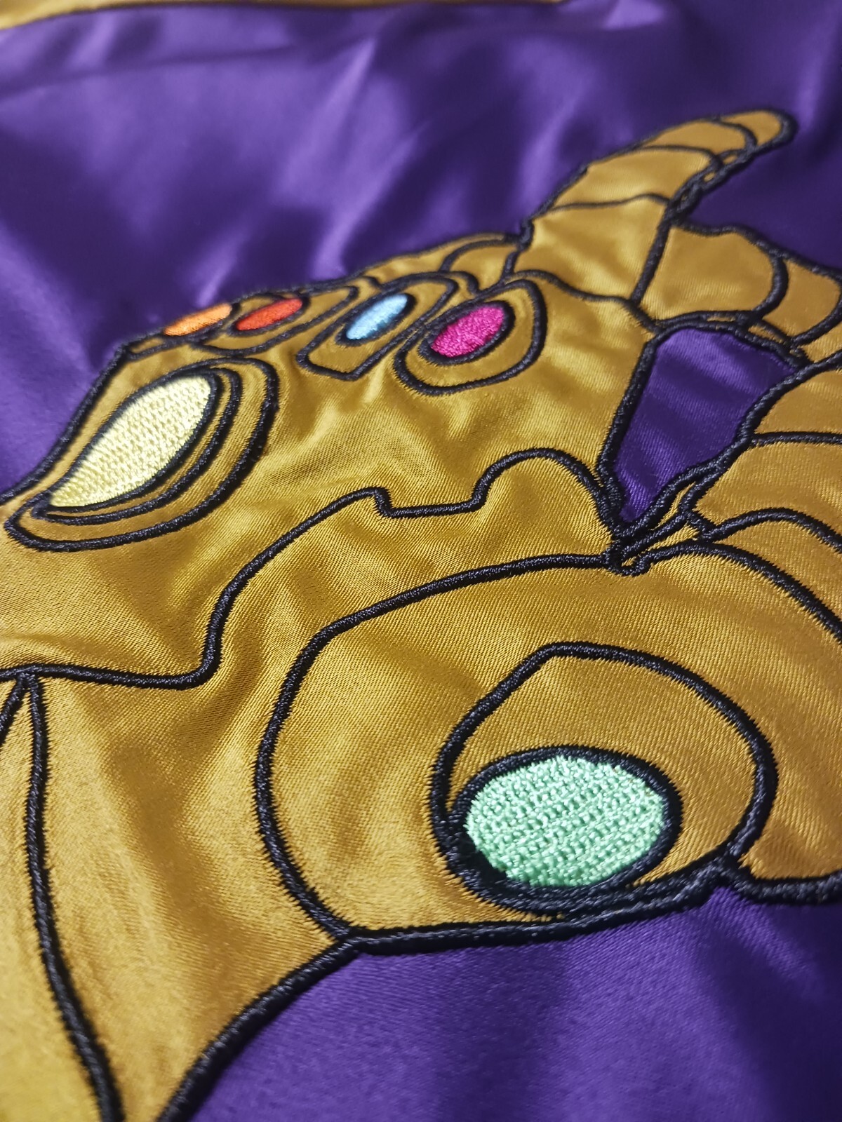 Womens Marvel Thanos Bomber Jacket M Satin Oh Snap Varsity Full Zip Purple Gold