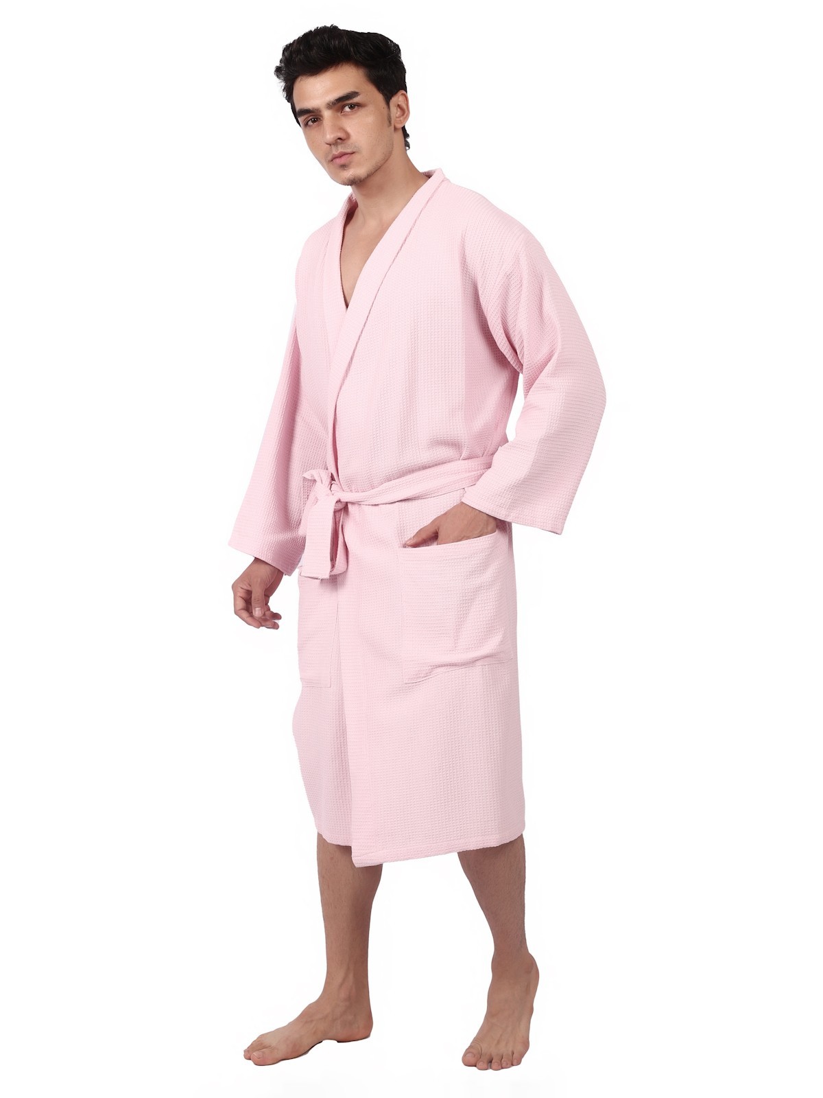 Feather Drape Unisex Waffle Bathrobe Cotton Hotel Spa Robe Medium Pink