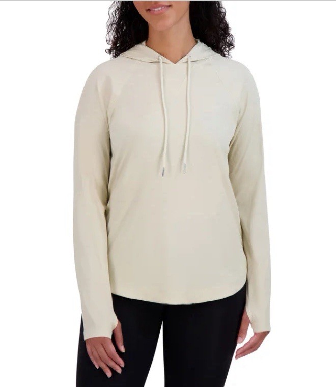 Sage Collective Women’s Tan Hoodie, M, Thumbholes, Ribbed 4-Way Stretch Pullover