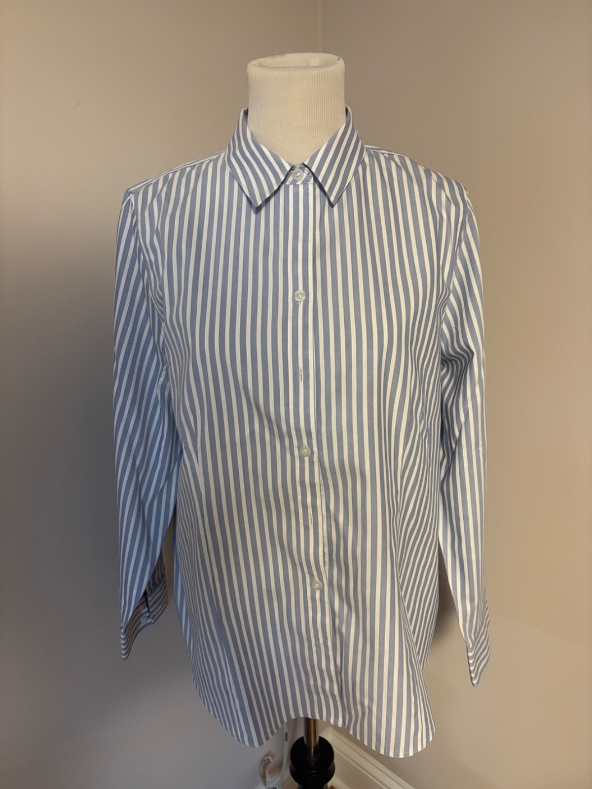 Chico’s Women’s No-Iron Blue White Striped Button Up Shirt Cotton Sz-2 XL