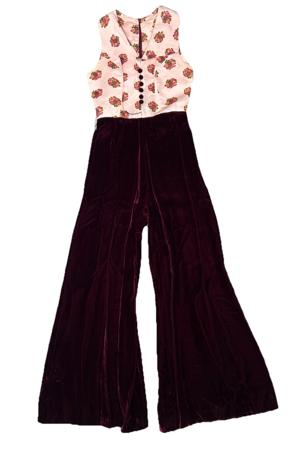 Vintage 70’s Retro Pink Burgundy Floral Wide Legged Velvet Jumpsuit Size 3 XS