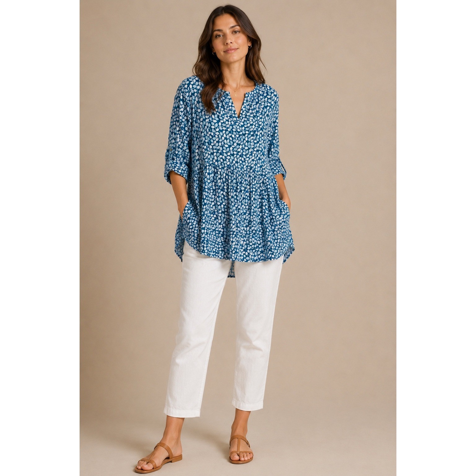 Seasalt Cornwall Op Art Tunic Teal Blue Leaf Print Organic Cotton Top US 18