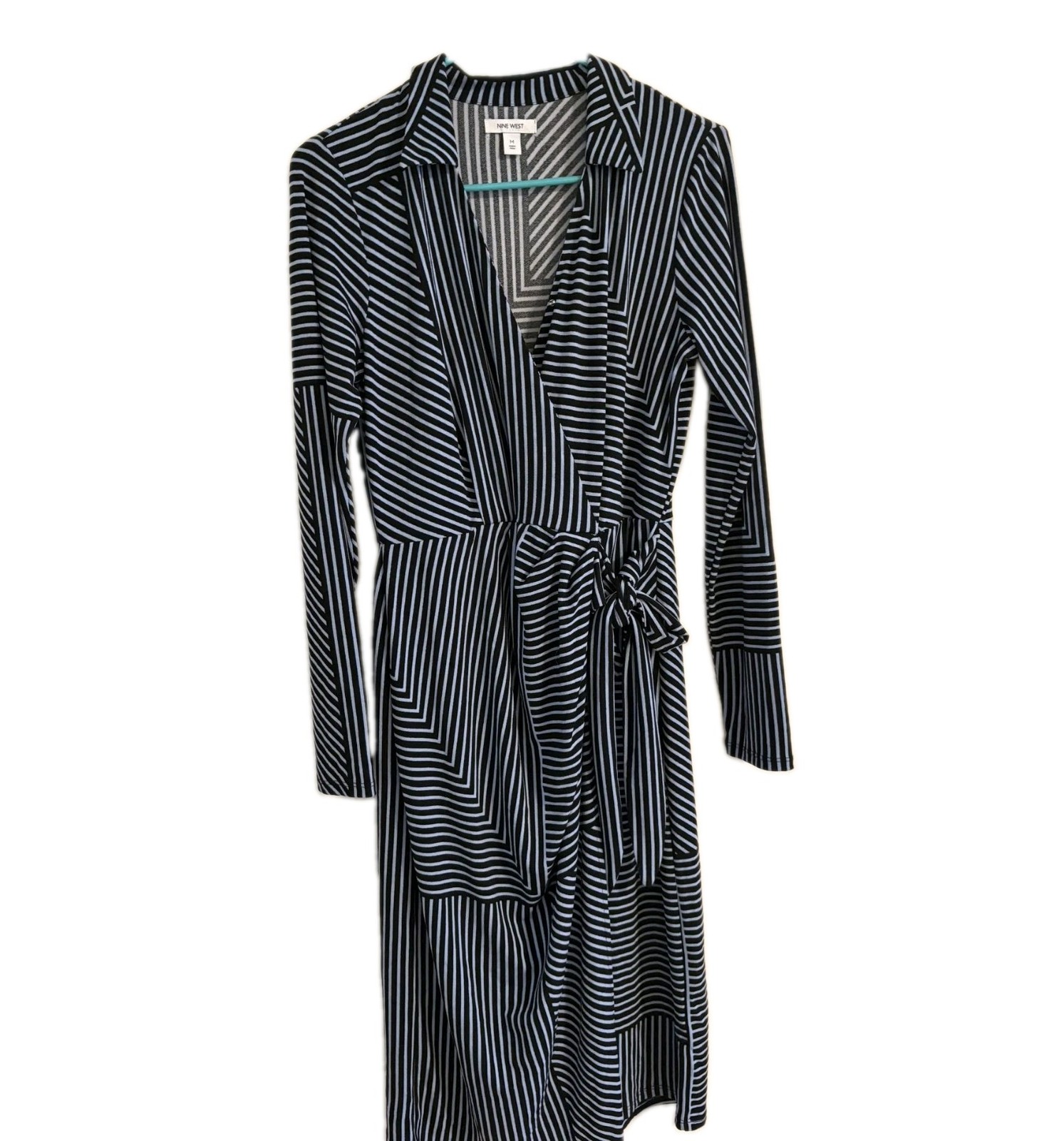 Nine West Women’s Size M Black/White Striped Wrap Dress Long Sleeve V-Neck Tie