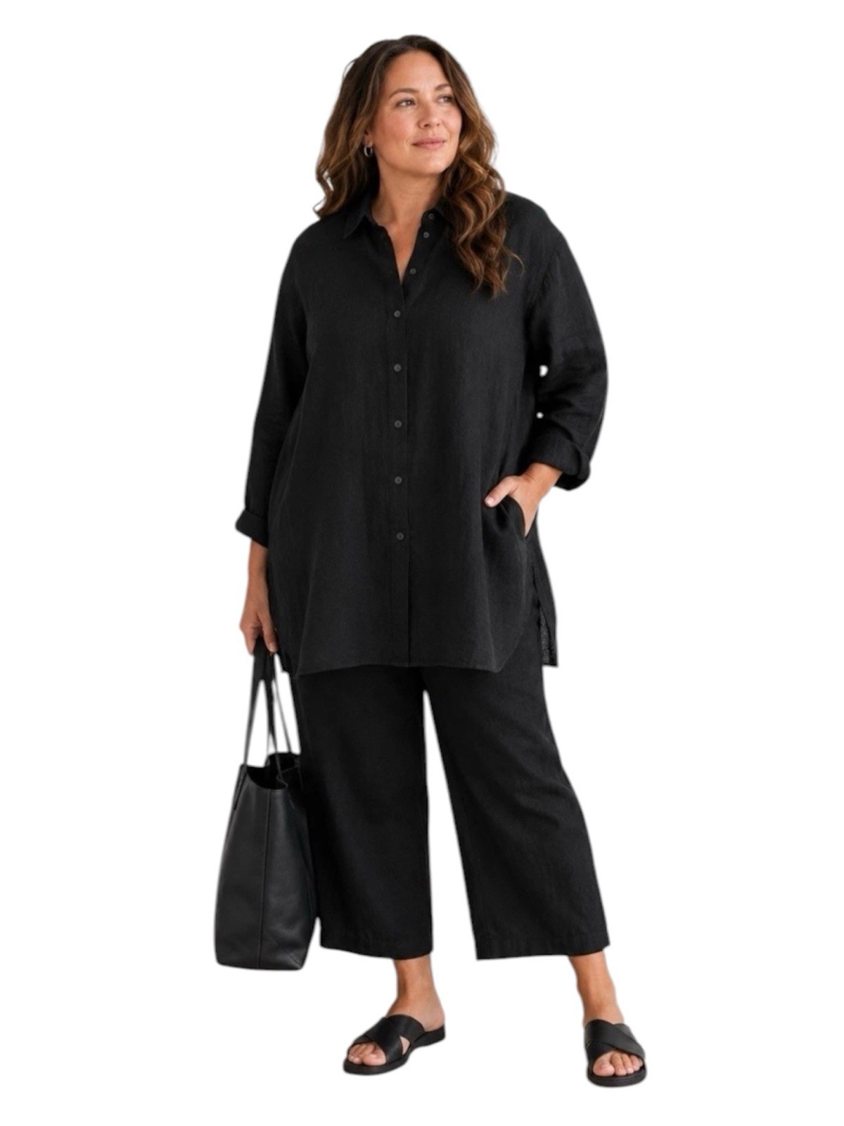 Eileen Fisher Black Linen Button-Up Shirt Tunic XL Relaxed Minimalist Coastal