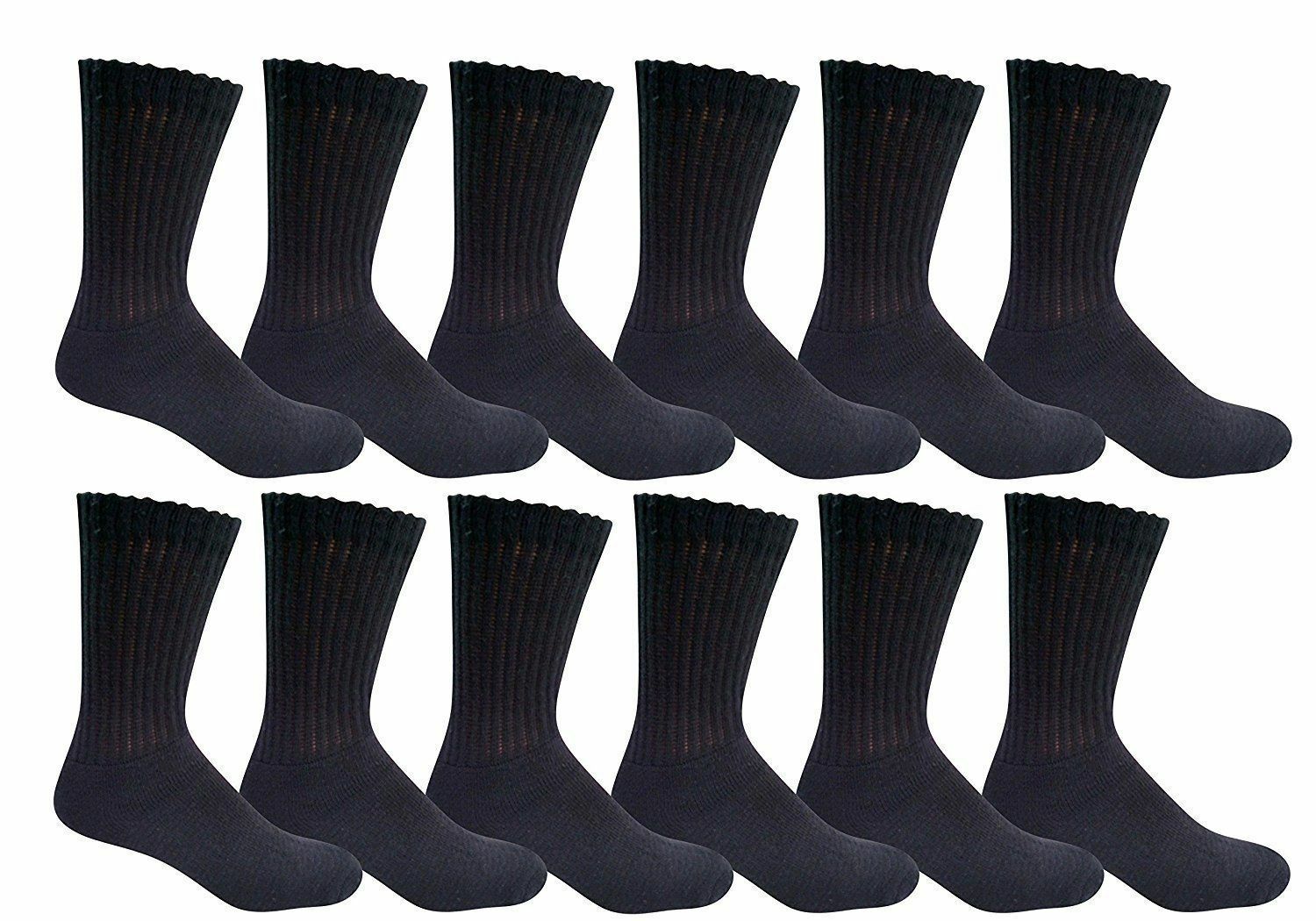 12 Pairs Men’s Athletic Solid Black Cotton Crew Socks Sports Socks Size 9-11 USA