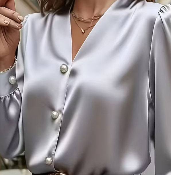 New Classy Elegant Silky Silver Satin Long Sleeve Blouse Plus 4X NEW