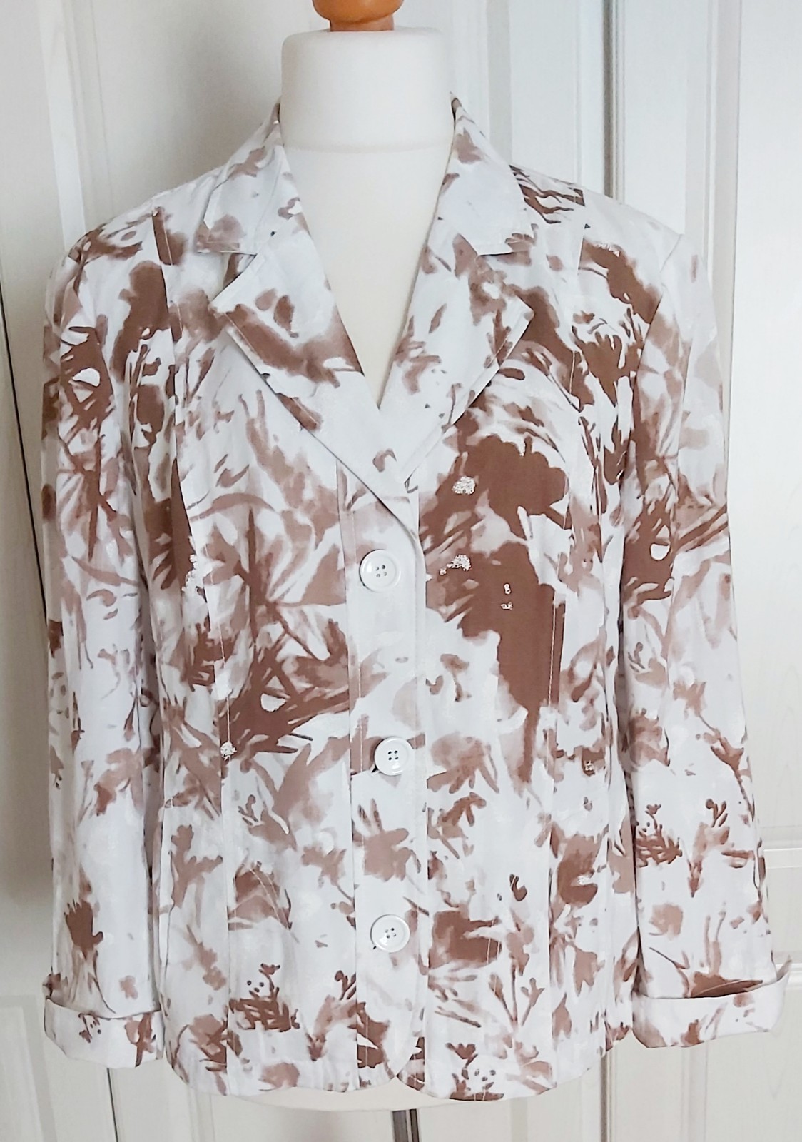 Oscar B. Edition Linen Blend Jacket UK 20 White & Mocha Abstract 3/4 Sleeve