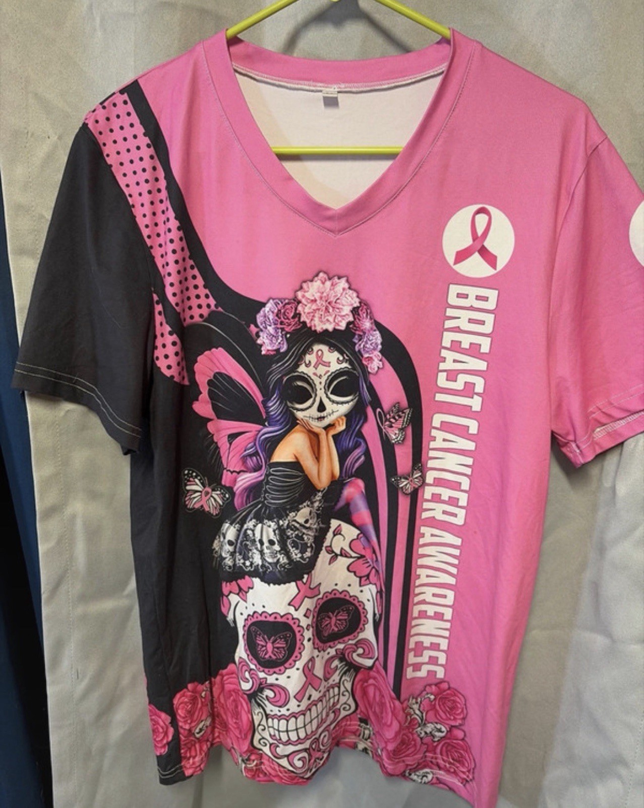 Pink Breast Cancer Awareness Sugar Skull Fairy Graphic T-Shirt | Women’s M