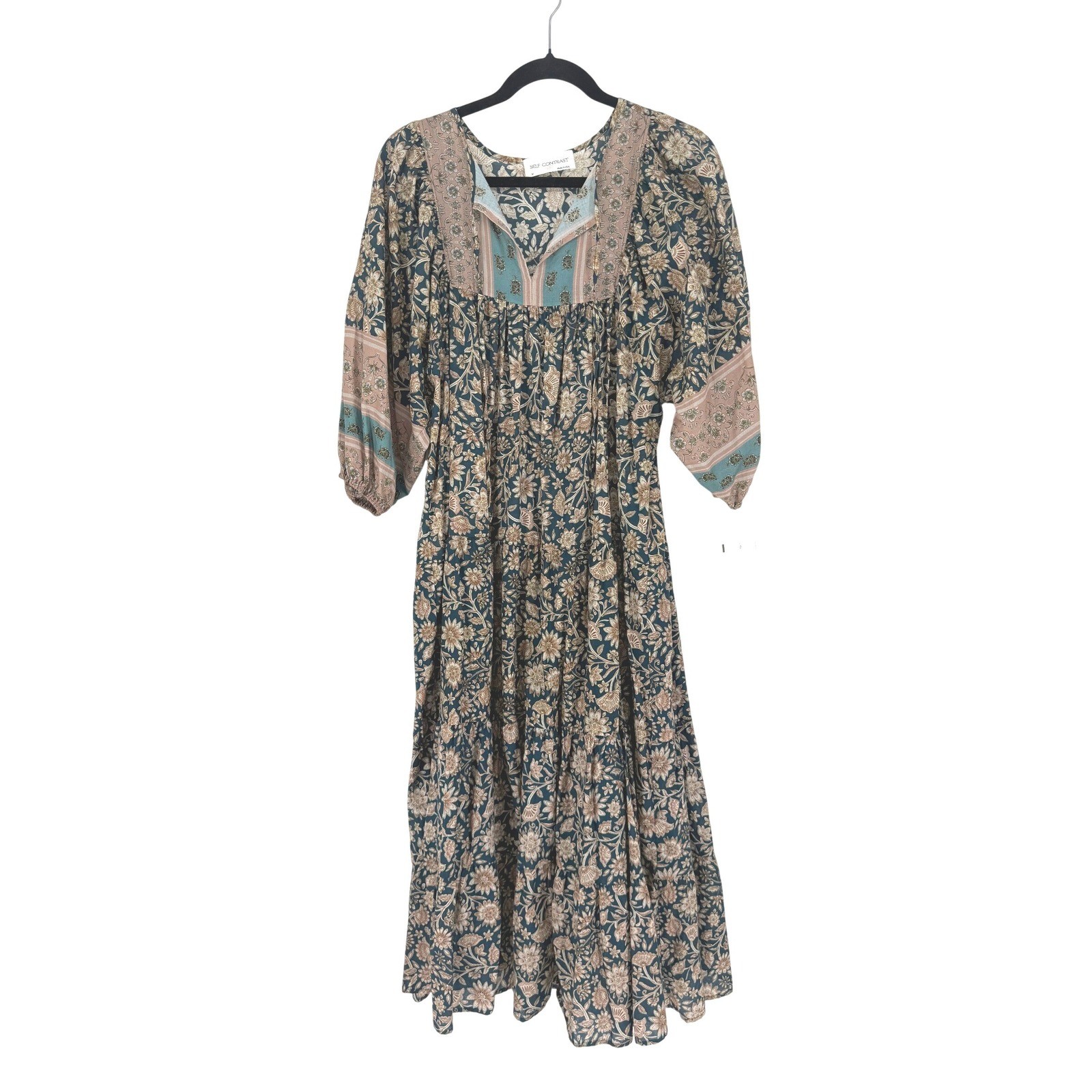 Self Contrast Womens Boho Prairie Granola Cotton Tiered New Maxi Dress Navy M