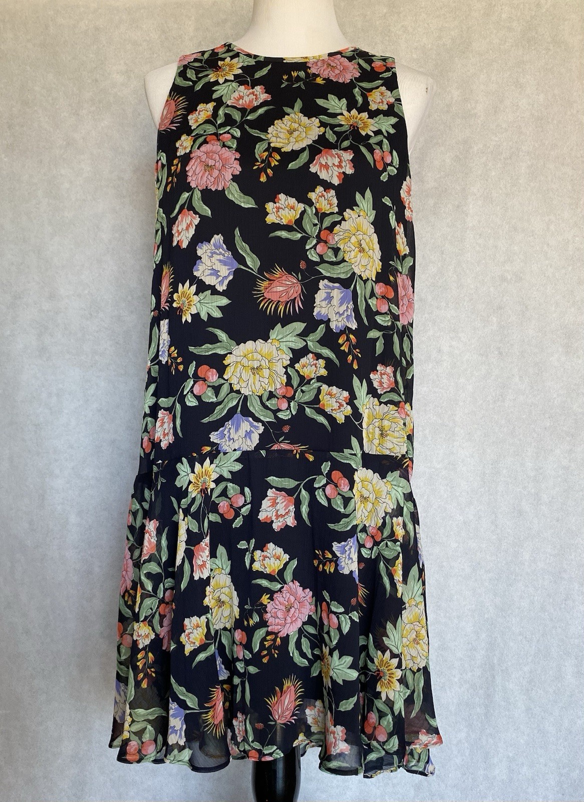 TOMMY HILFIGER Size 10 Black Floral Sleeveless Drop Waist Flare Bottom Dress $99