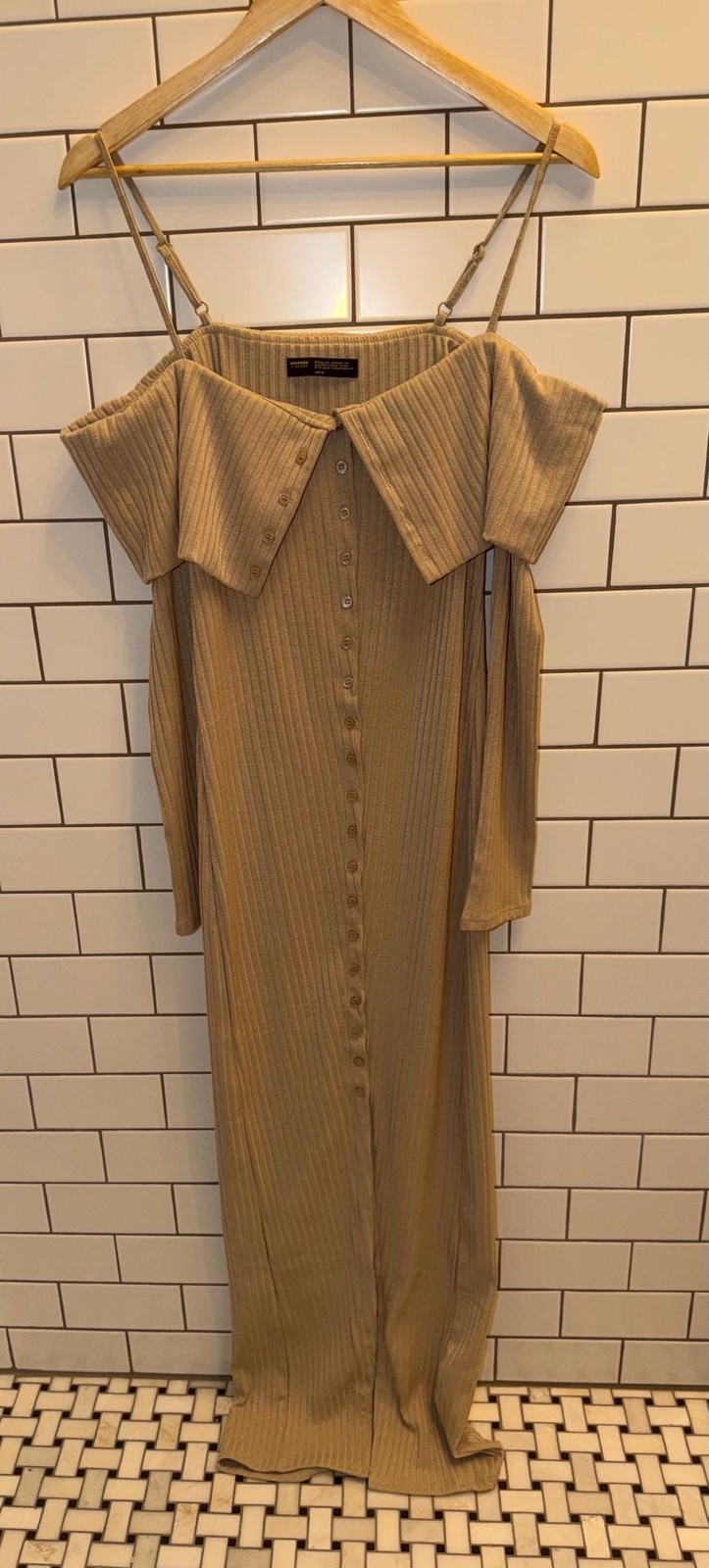 Finesse Ribbed Knit Off-Shoulder Button-Down Midi Dress