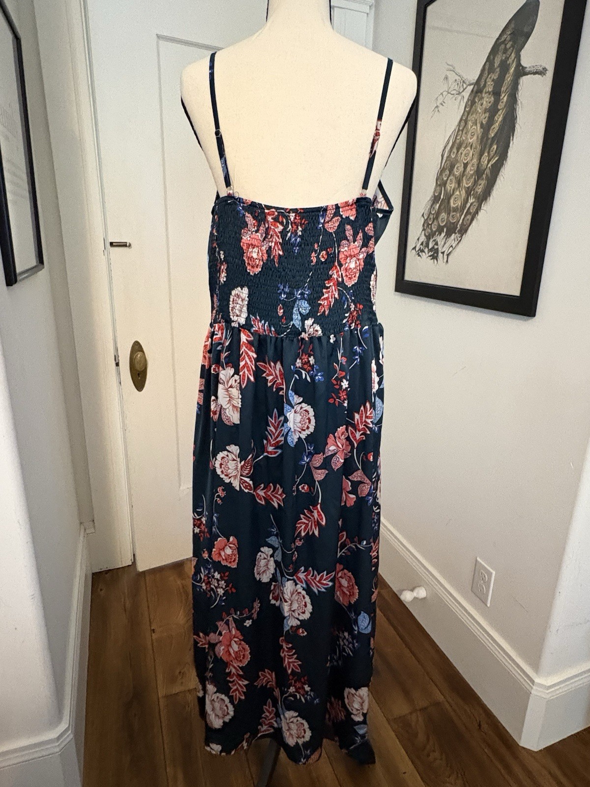 Navy Floral Maxi Dress V-Neck Tie Front Smocked Back Adjustable Straps 2XL