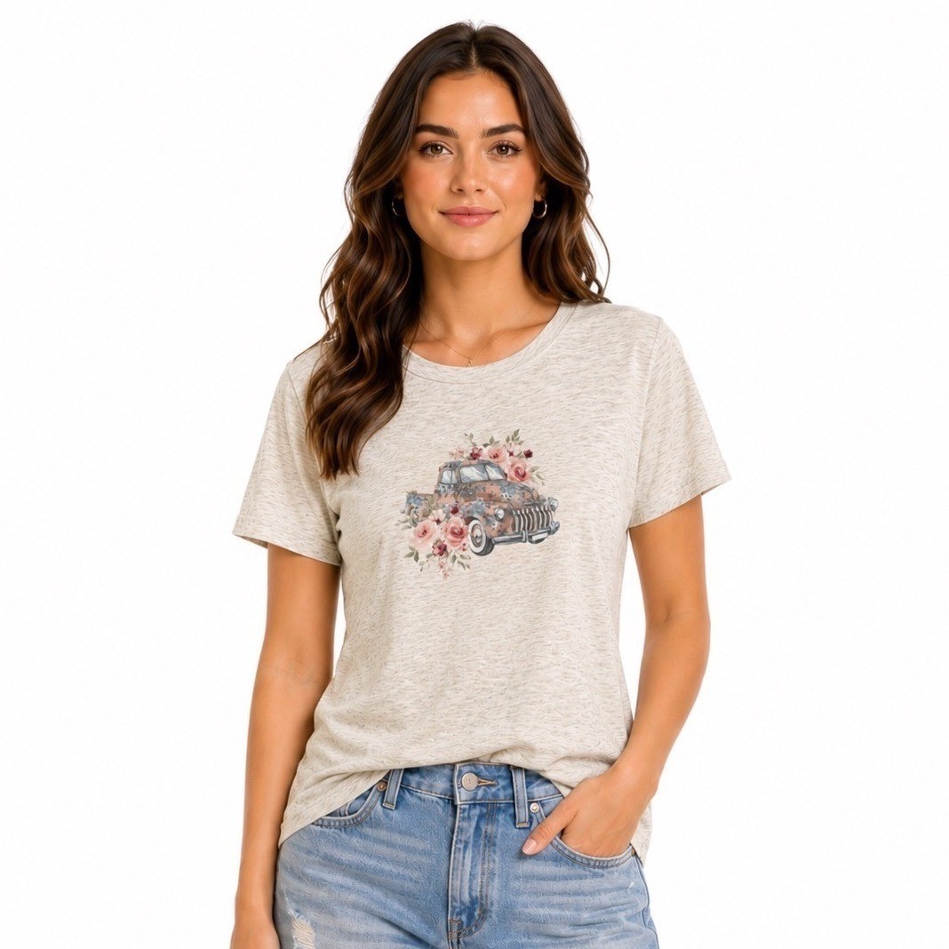 Fleurish Vintage Truck Florals Graphic T XL Cotton Heathered Farmhouse Boho
