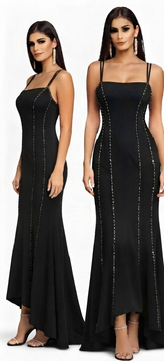 Black Evening Gown With Beaded Detail Elegant Formal Maxi Dress, Custom Fit