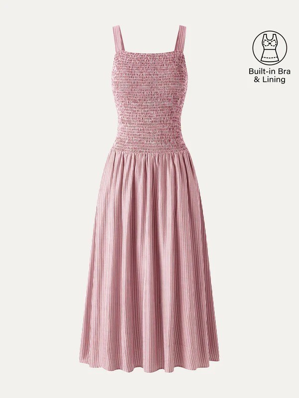 OGL Striped Poplin Square Neck Smocked Midi Bra Dress – New – Free SHIPPING!!!