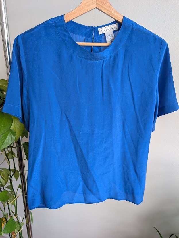 vintage 90s silk shirt M Anna and Frank royal blue top glam disco cobalt 80s