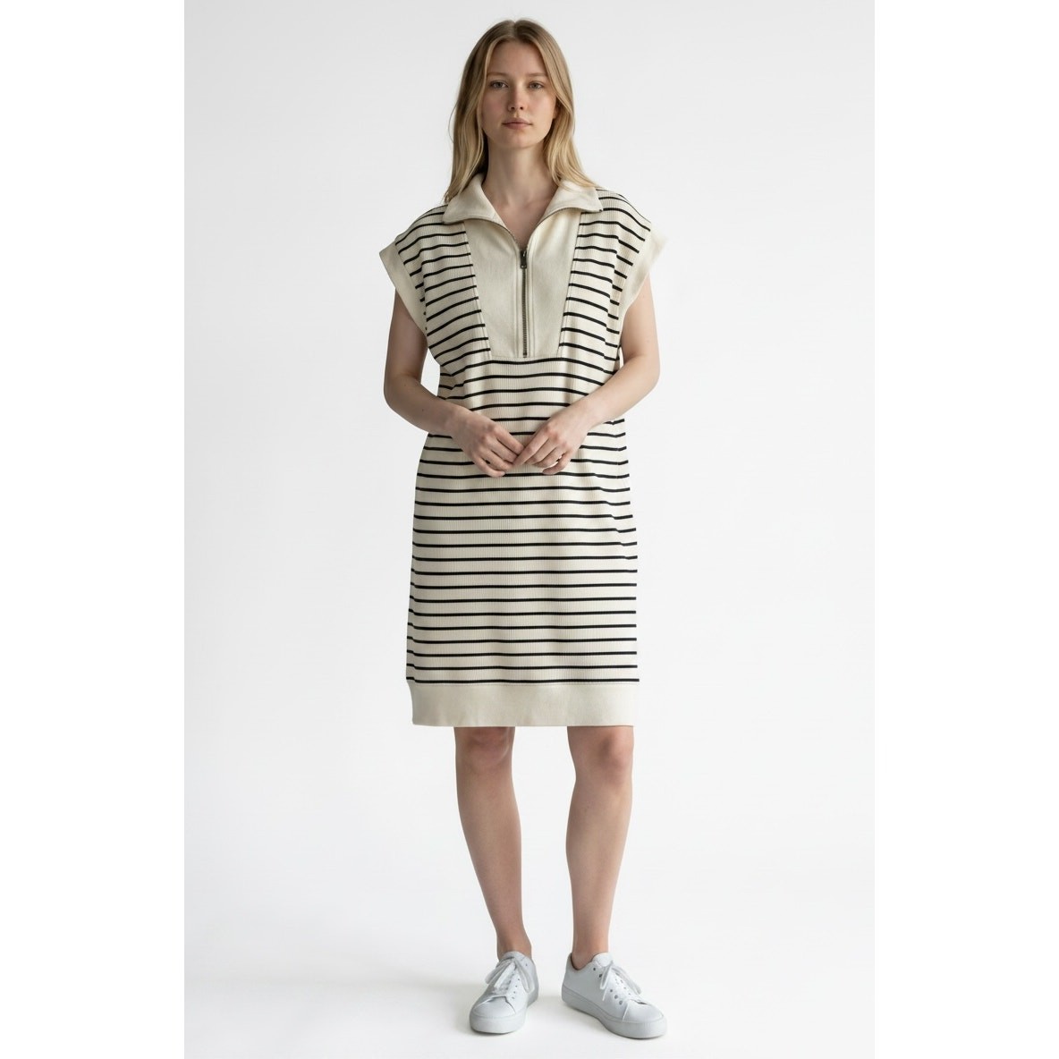Entro Cream and Black Striped Zip-Front Sleeveless Mini Dress Size M