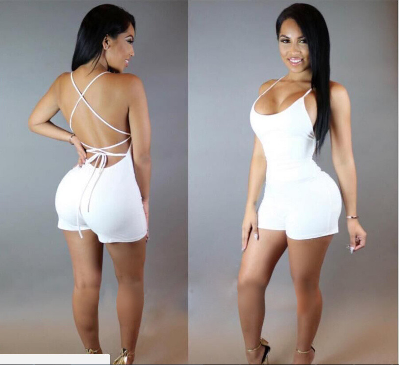 White O-Neck Jumpsuit Rompers Backless Short Bodysuit Bodycon MIdi Dress Overall
