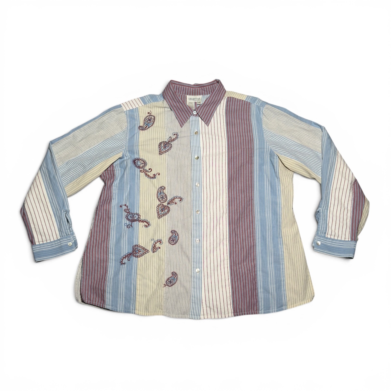 Vintage Coldwater Creek Striped Button Down Shirt with Paisley Embroidery XL