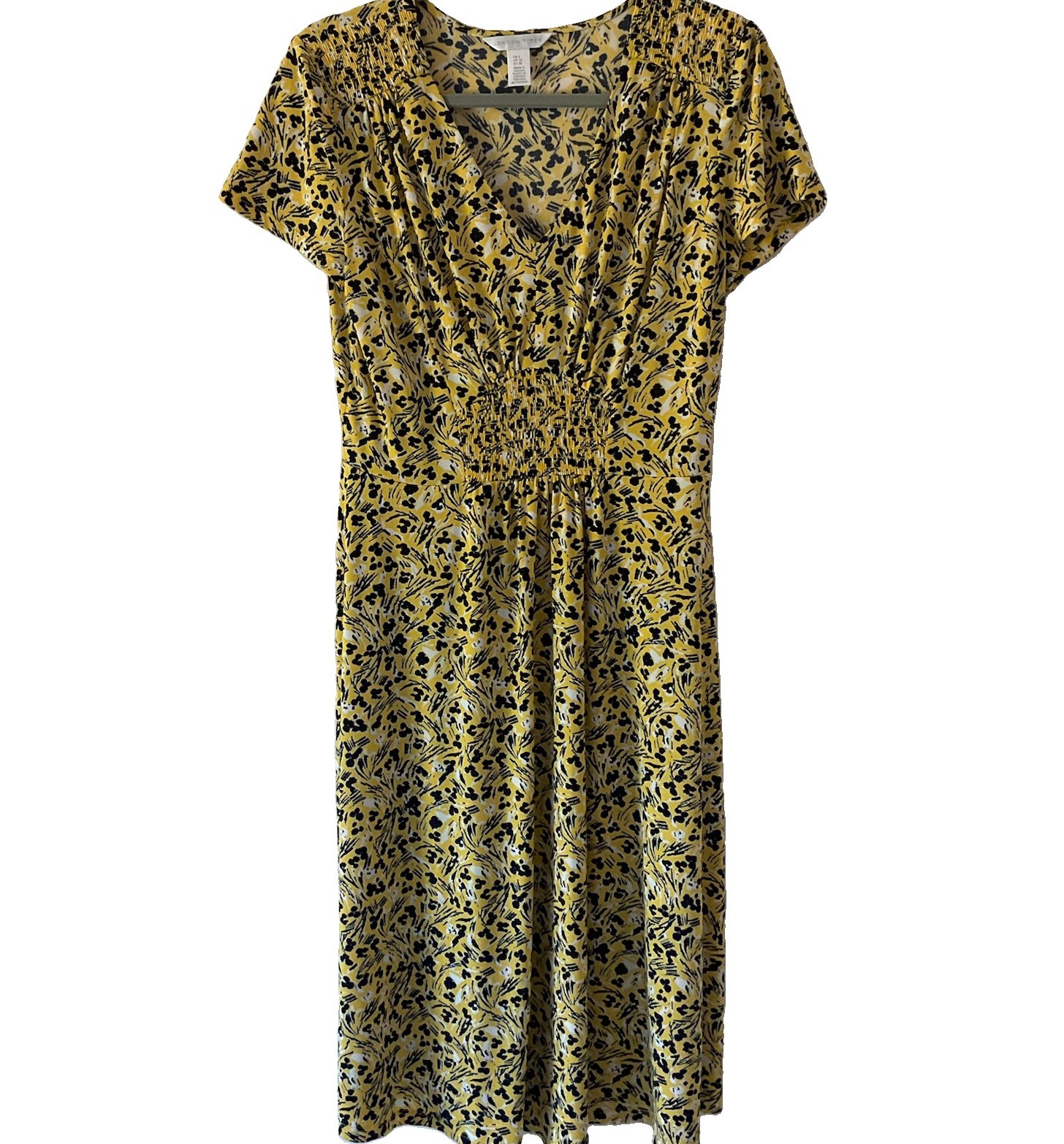 London Times Women’s Sun Dress Midi Yellow Floral Size 8 Short Sleeve Stretch