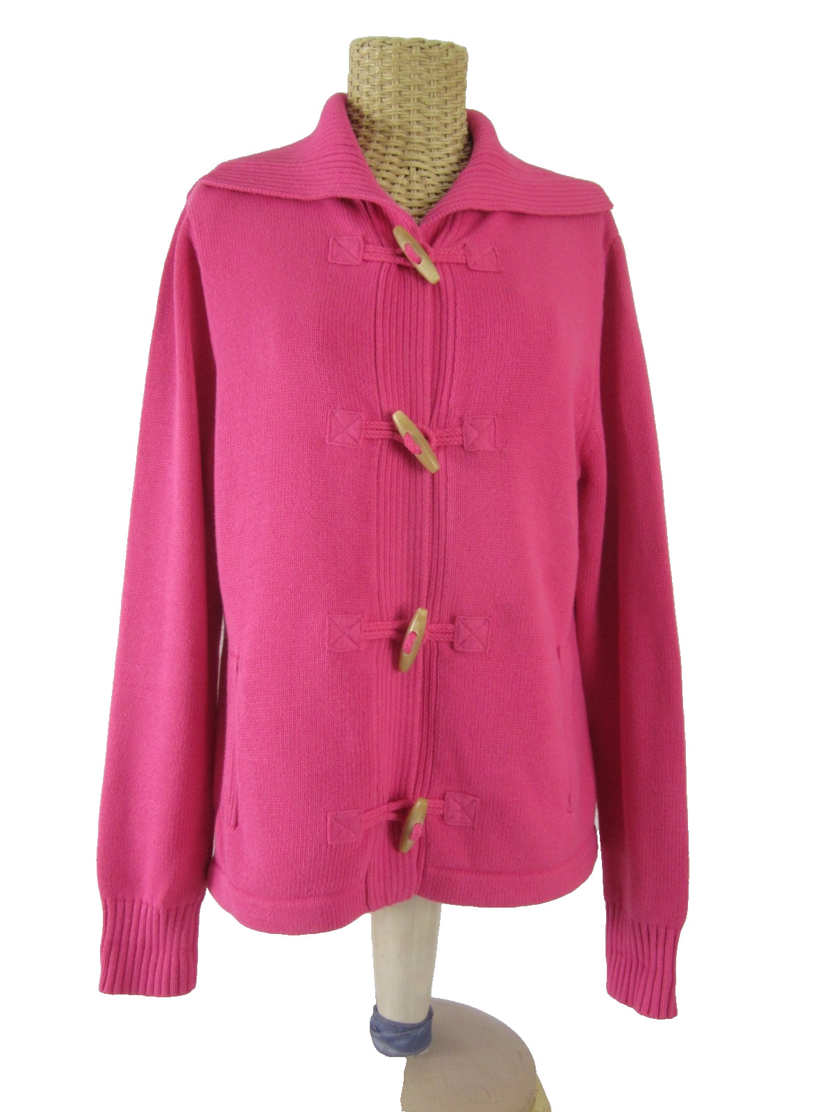 LL Bean Women Medium Pink LS Cardigan Toggle Button Pockets Collared 100% Cotton