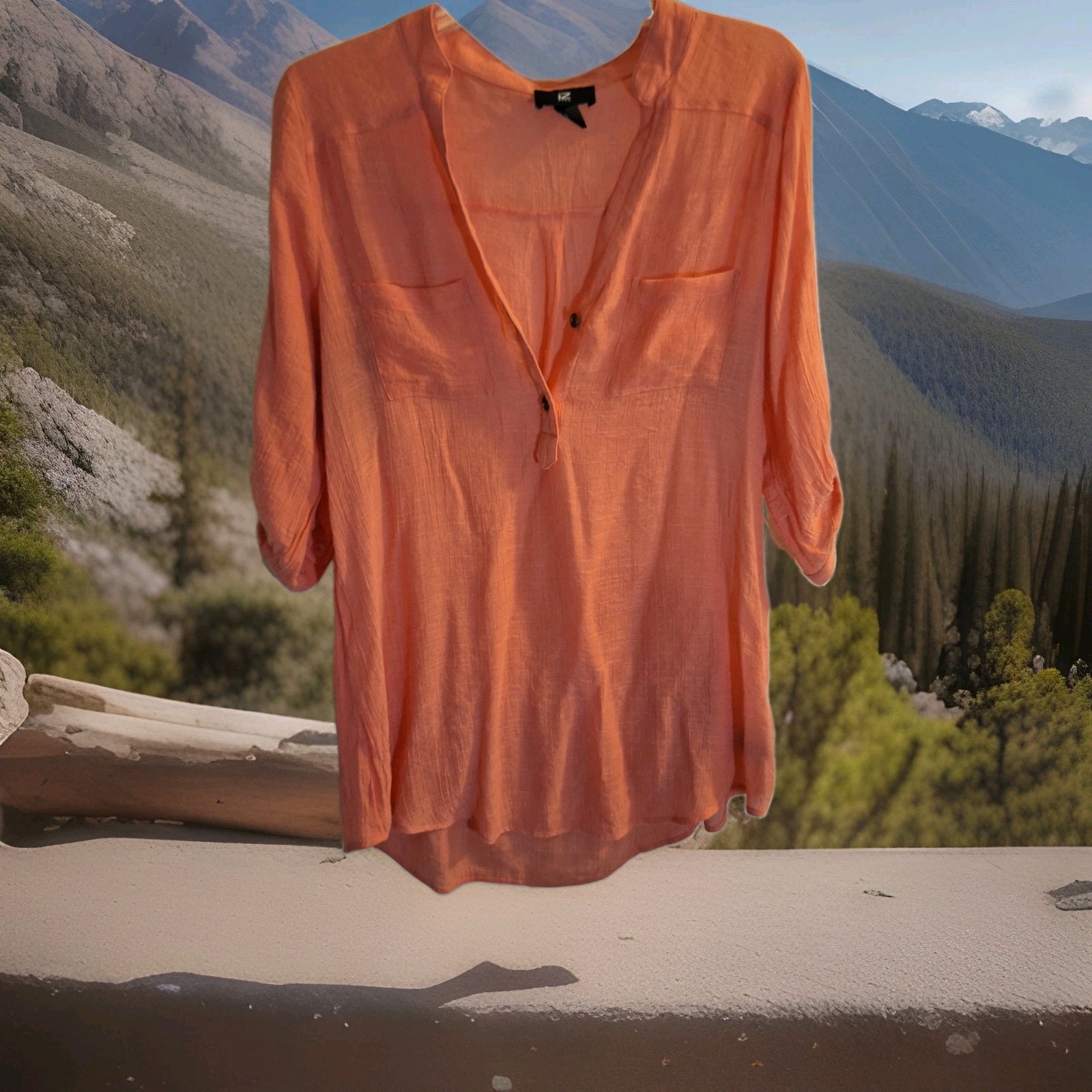 Iz Buyer Coral Guaze Like Long Pull Over Buttoned Short Sleeve XL Top 0071